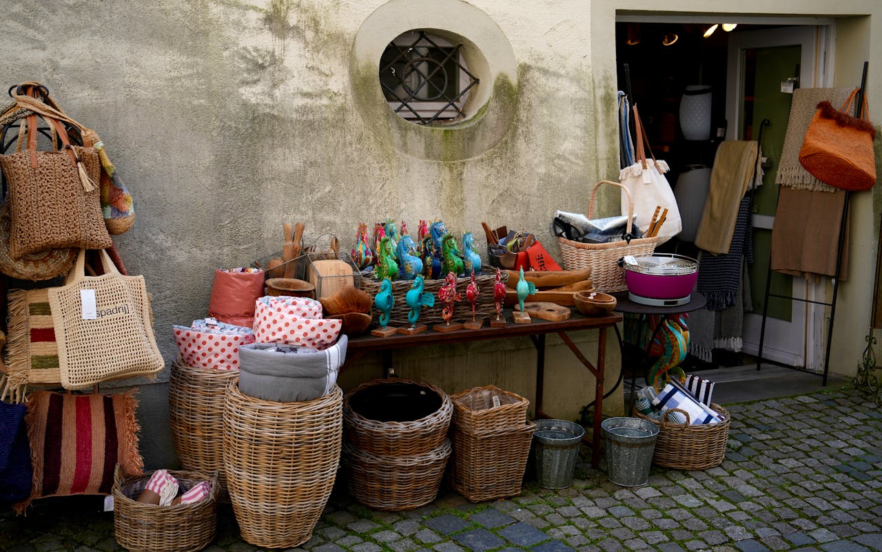 About Colorful display of handcrafted goods and baskets at an outdoor market. Perfect for decor lovers.